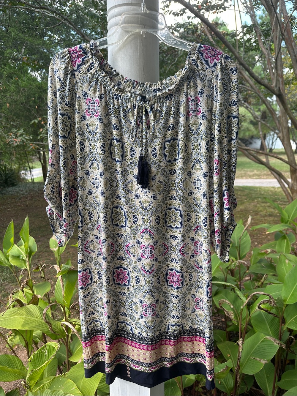 Enfocus Studio Cream Dress with Navy & Pink Medallion Print